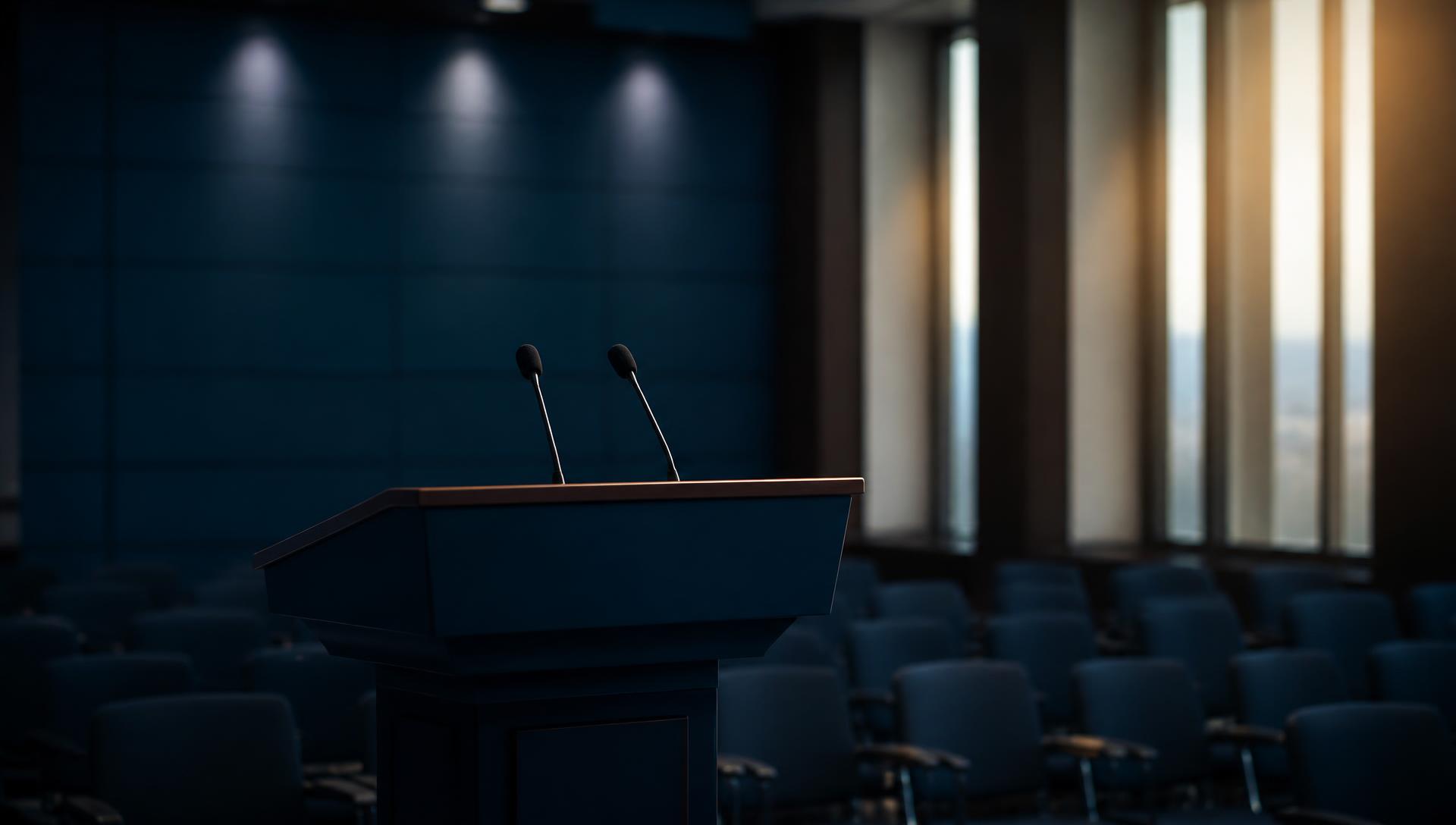Empty government press briefing podium with microphones